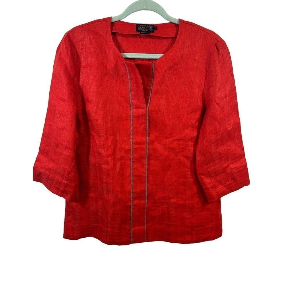 Pendleton Linen Top Red Pull Over V Neck 3/4 Sleeve SZ 8 Preppy Vacation